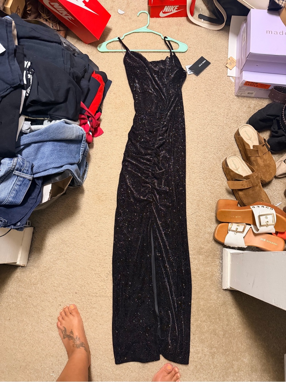 Black Sparkle Slip Gown with Spaghetti Straps